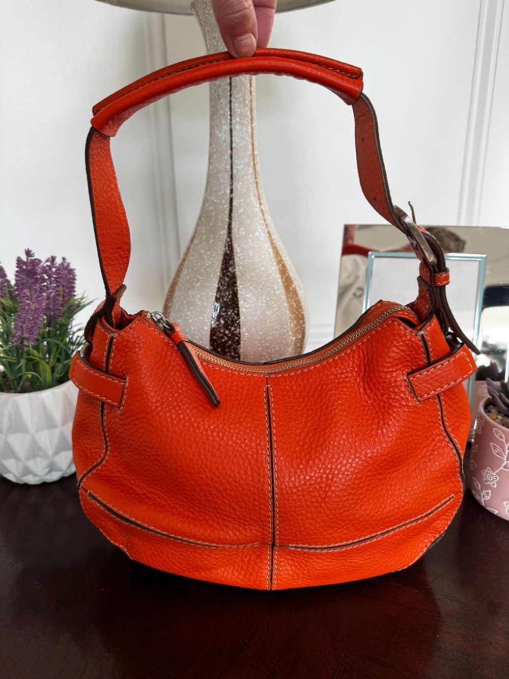 Cole Haan Summer Orange Pebbled Leather Shoulder Bag O Ring Accents Silver Med